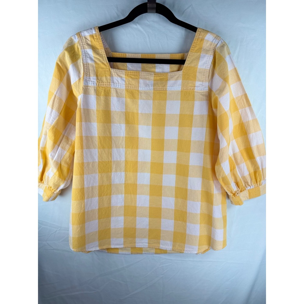 Yellow Gingham Square Neck Blouse Cotton Linen 3/4 Puff Sleeve Top Sz M